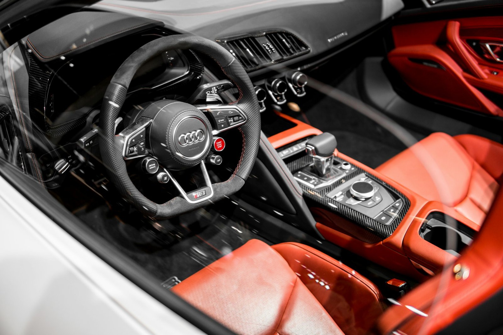 Car interior with a red and black dashboard