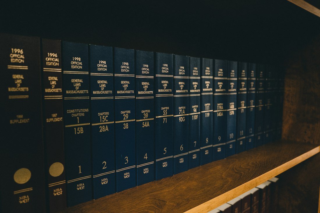 Row of bound law books on a shelf