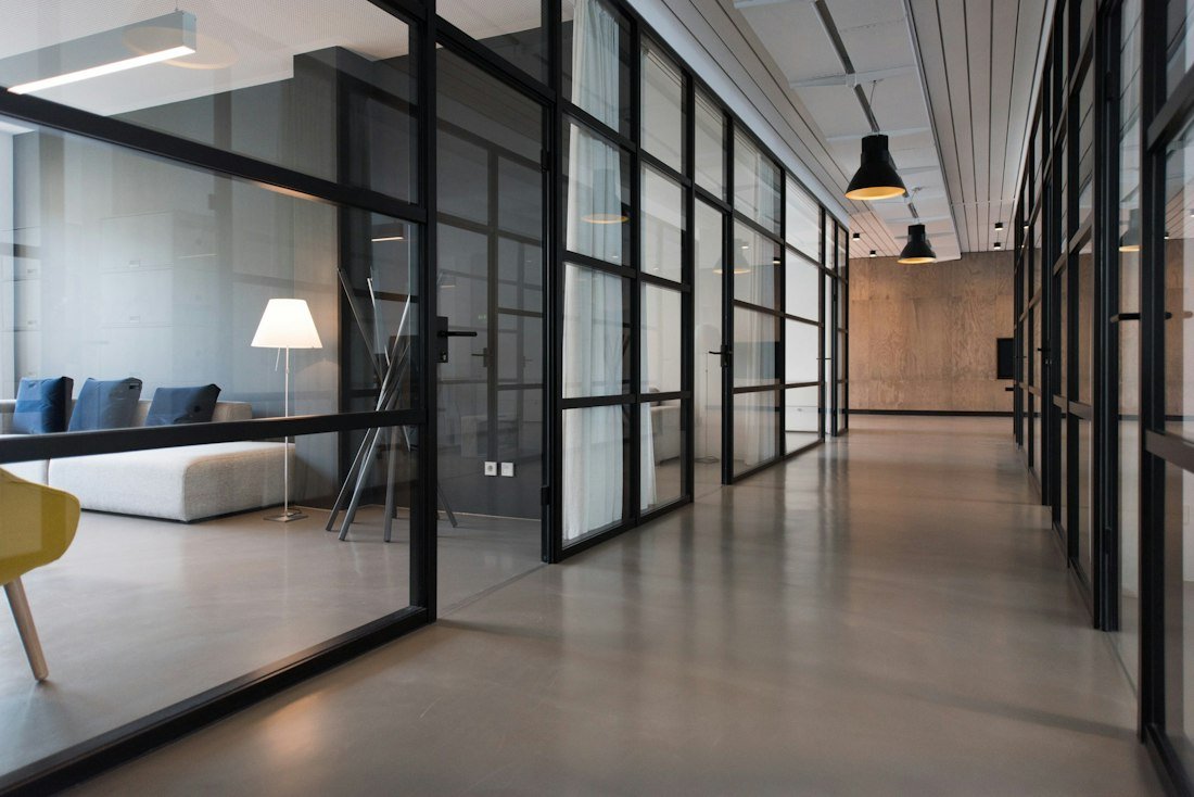 Hallway between glass-panel doors