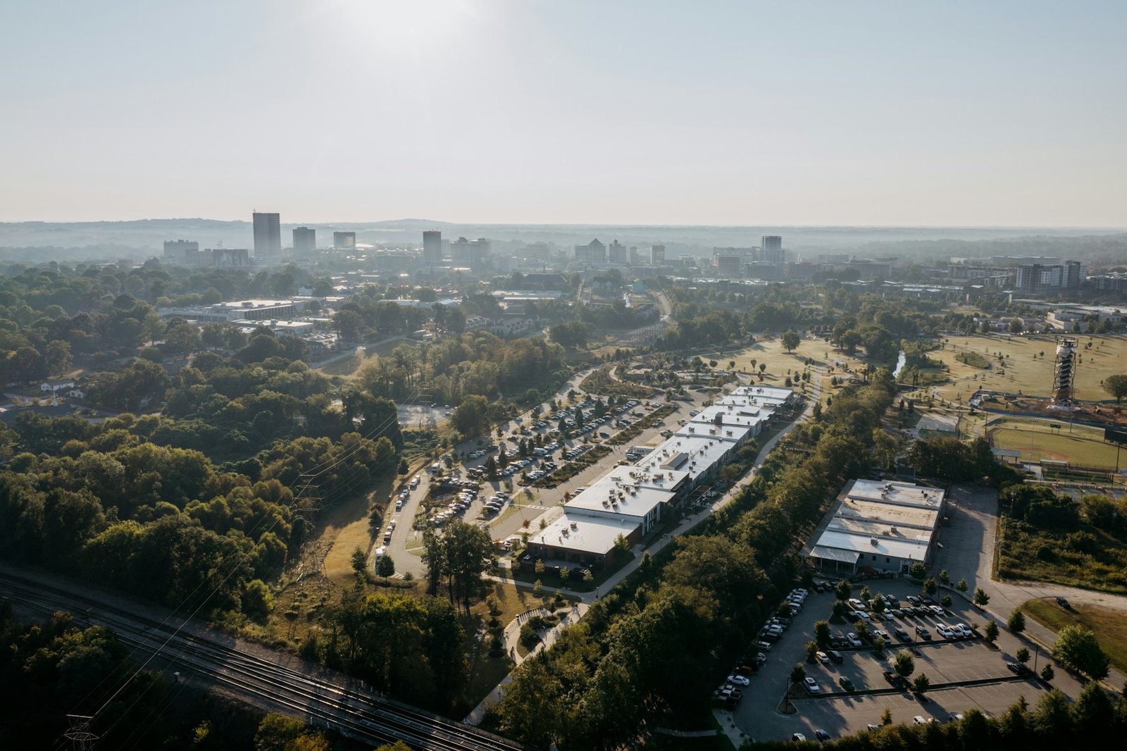 Aerial view of a suburban area with buildings and trees