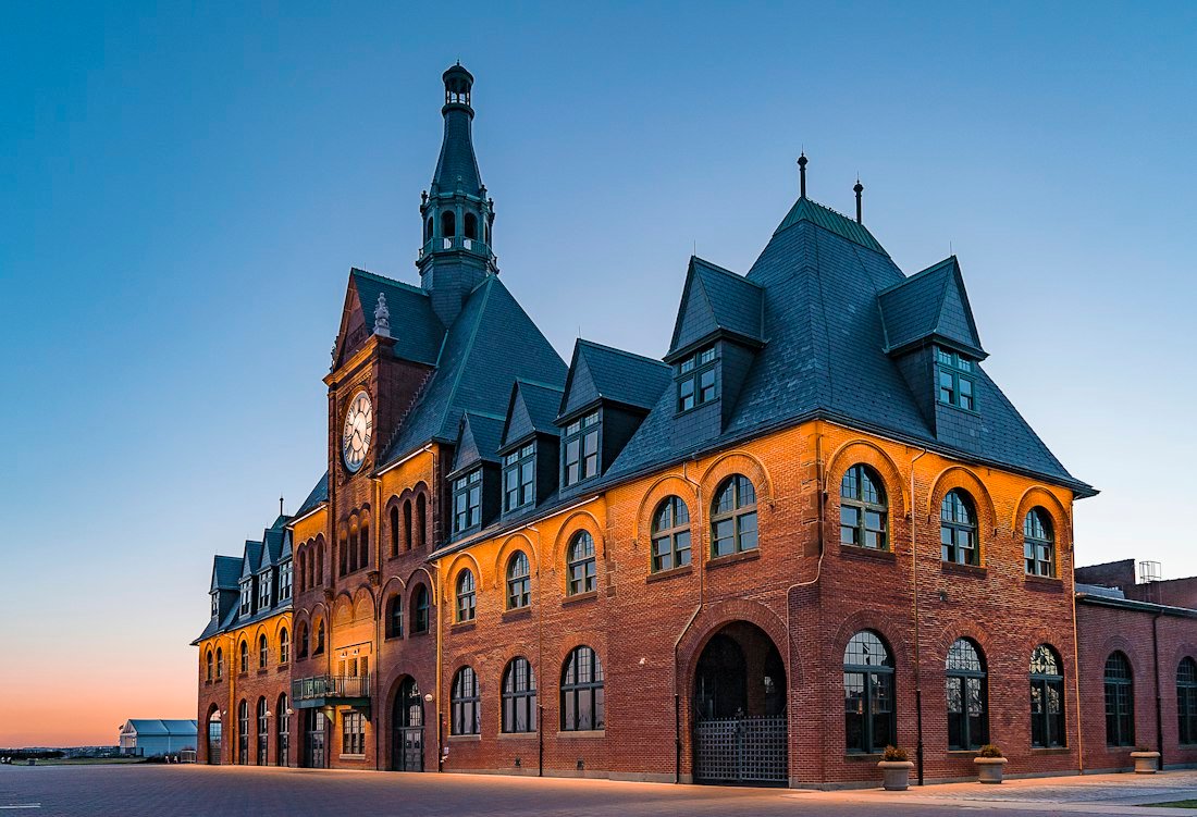 Historic brick terminal building on the waterfront