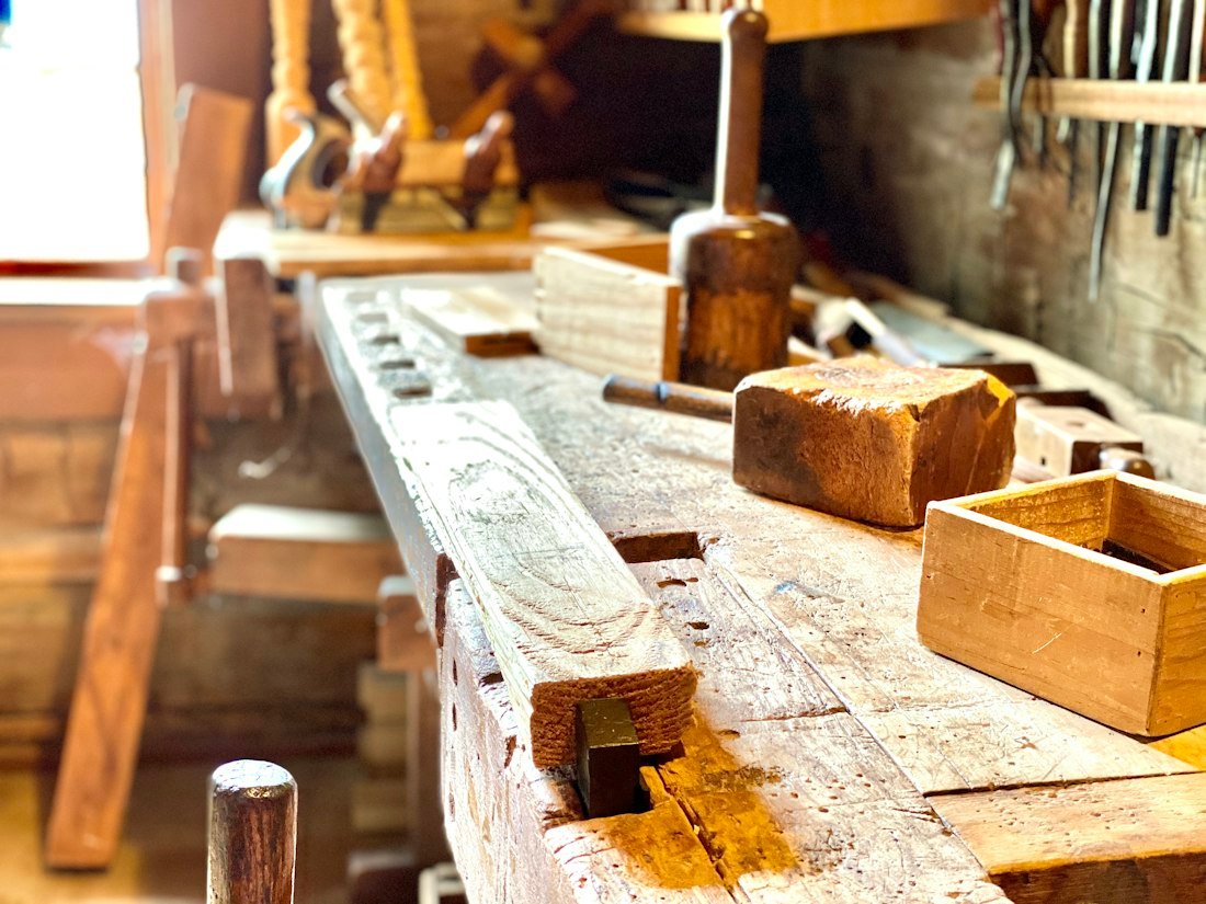 Woodworking tools on a workbench