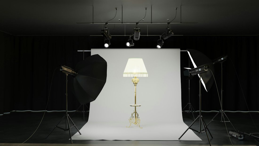 A lamp is set up for a studio photoshoot